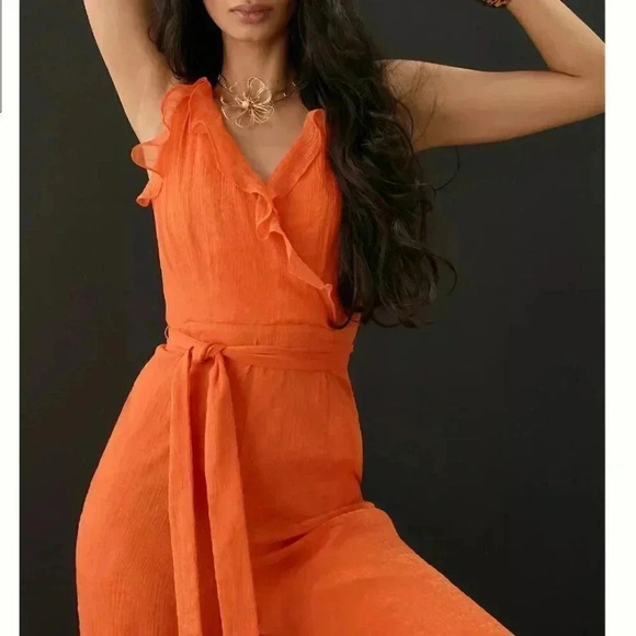 NWT Anthropologie Hutch Ruffle Trim Metallic Orange Tie Wrap Jumpsuit Size 6 - Picture 6 of 6